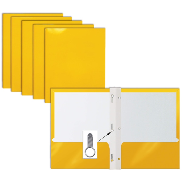 Better Office Products 2 Pocket Glossy Laminated Paper Folders Portfolio With Prongs, Letter Size, Yellow, 25PK 84280 - main